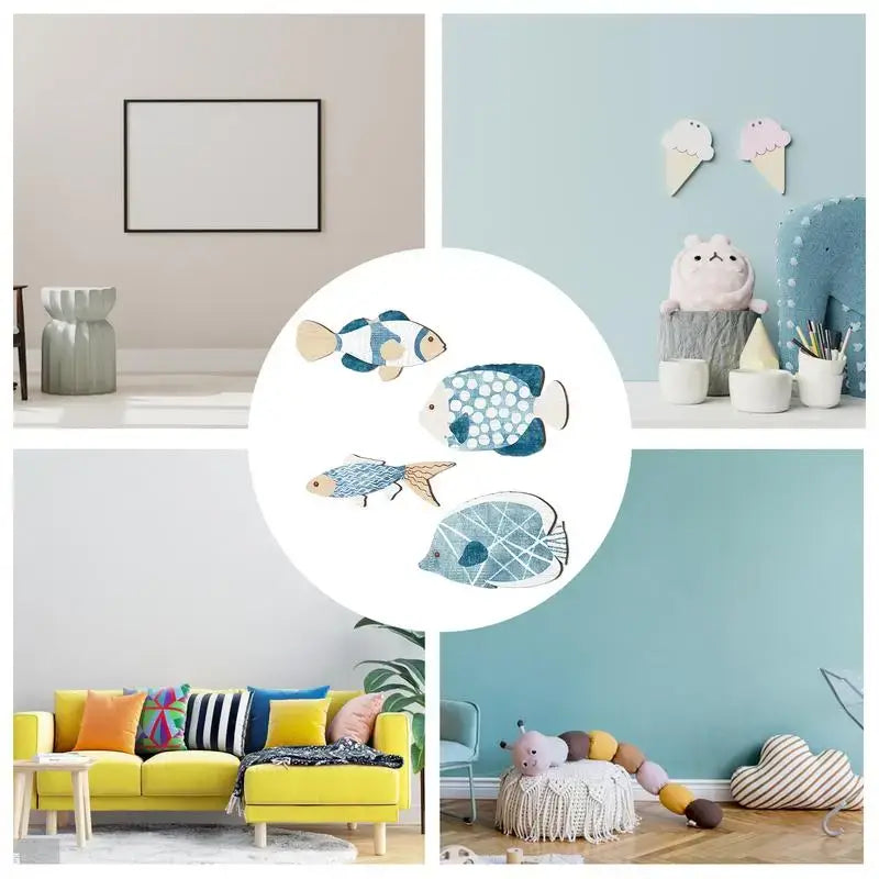 Wooden Nautical Fish Wall Sculpture set shown in various room settings, highlighting versatility in coastal and nautical home decor.