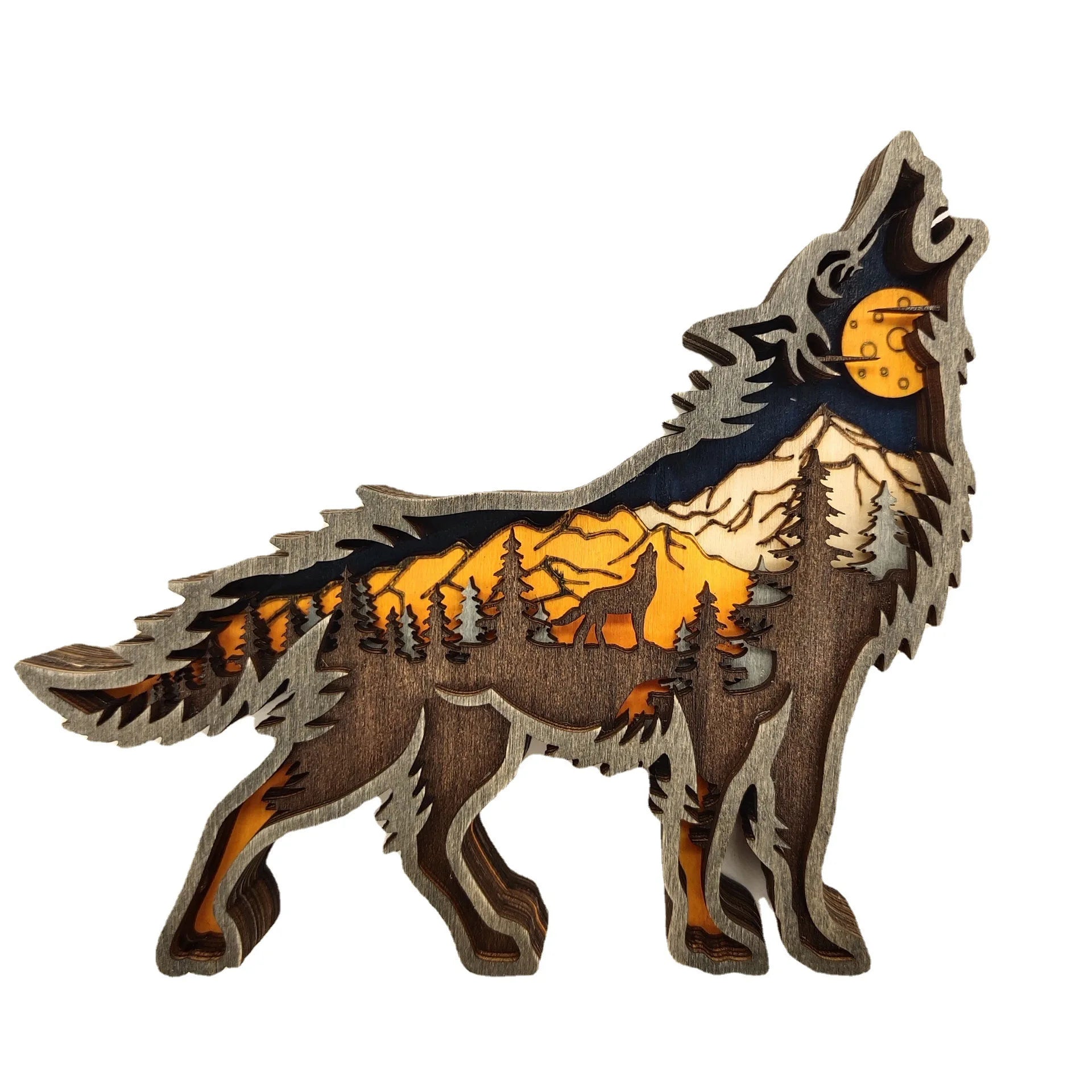 Howling wooden wolf figurine with moonlit forest scene, handcrafted rustic décor piece for home and garden display.