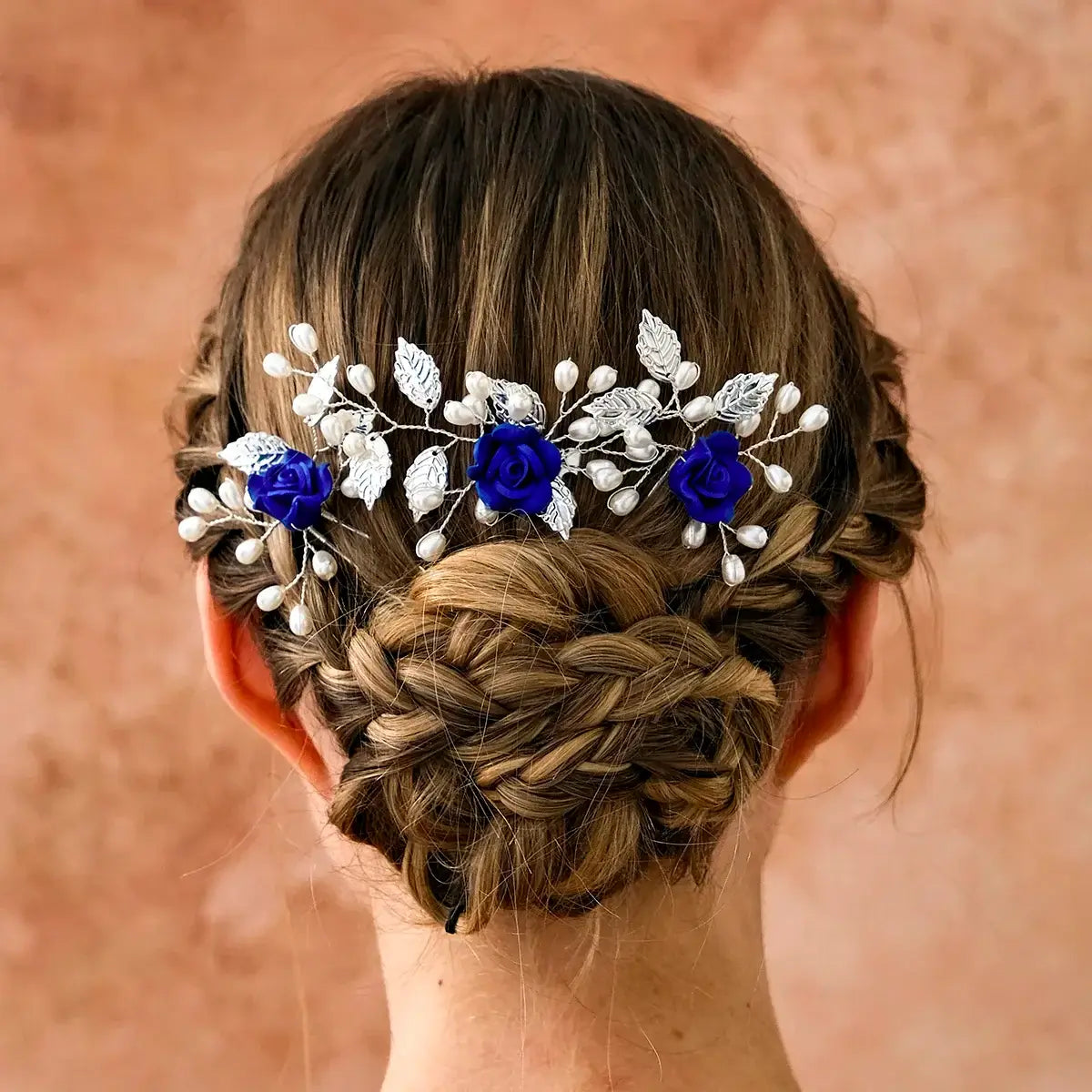 Elegant 3PK Handmade Flower Hair Pin Set in blue with silver leaves and pearls, styled on a braided updo for bridal or formal wear.
