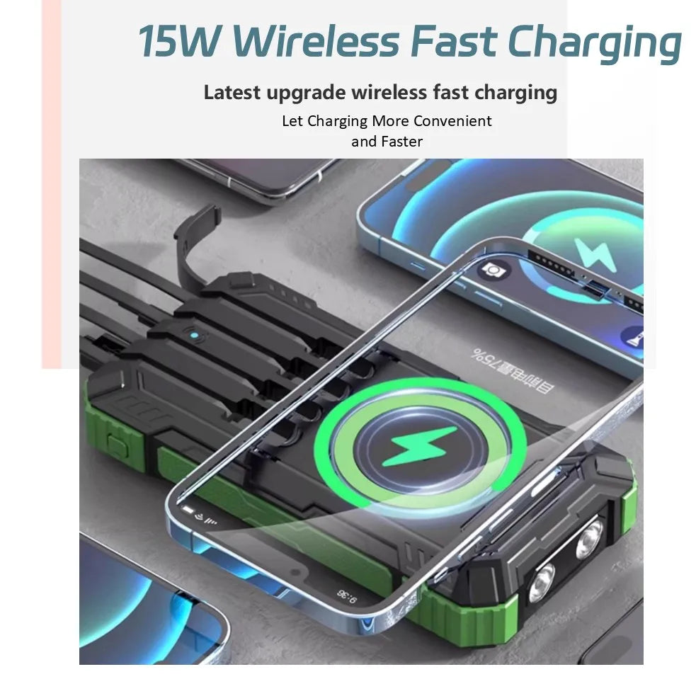 Long-lasting Solar Power Bank, Portable Solar External Battery Pack Built-in Cables