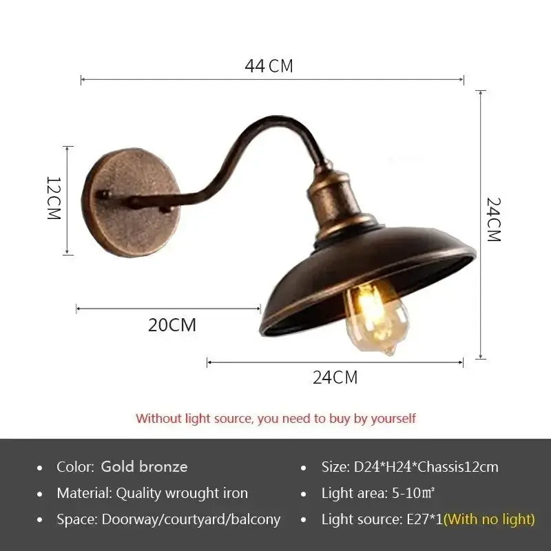 Gold bronze Retro Waterproof LED Wall Lamp with measurements, vintage style suited for outdoor villa or courtyard lighting.