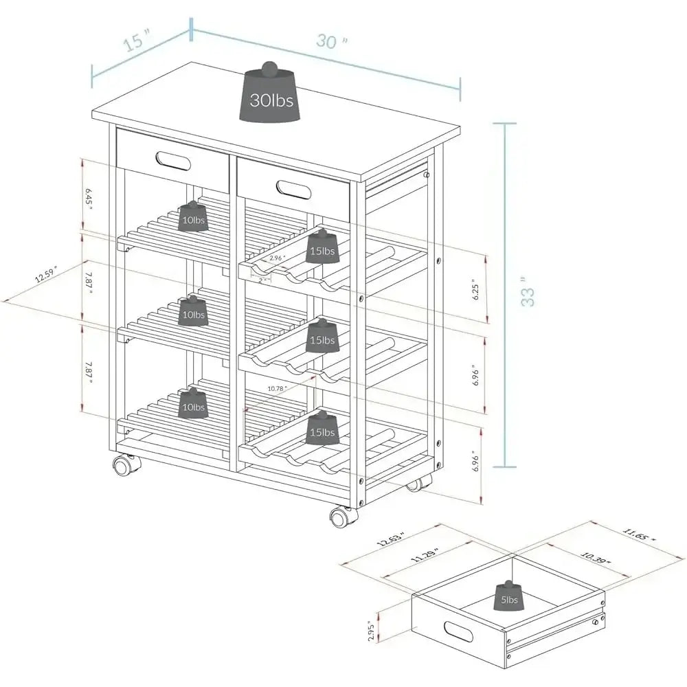 Dimension diagram of Solid Wood 4-Tier Kitchen Island Cart showing measurements, weight capacity, and layout of drawers, shelves, and wine rack.