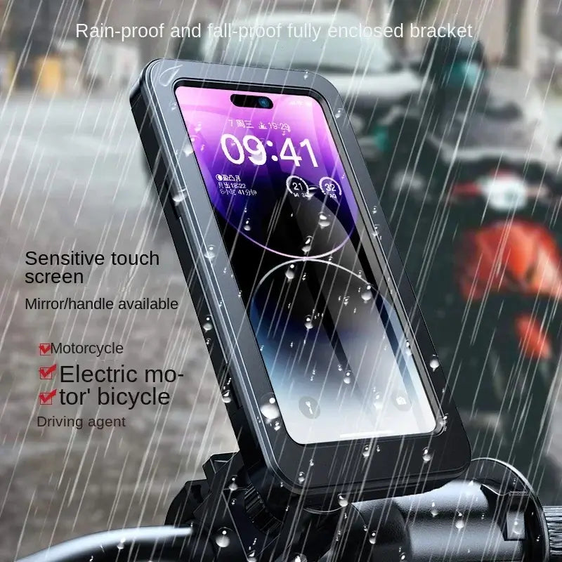 Rainproof and fall-proof universal bicycle phone holder with touch-sensitive screen cover, perfect for outdoor cycling in wet conditions.