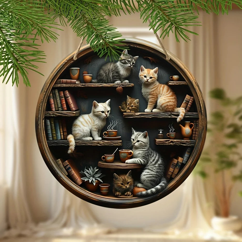 Whimsical cat in library wall art