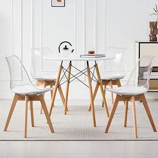 Clear white 5-piece round dining table set with transparent chairs and wood legs, ideal for minimalist and space-saving interiors.