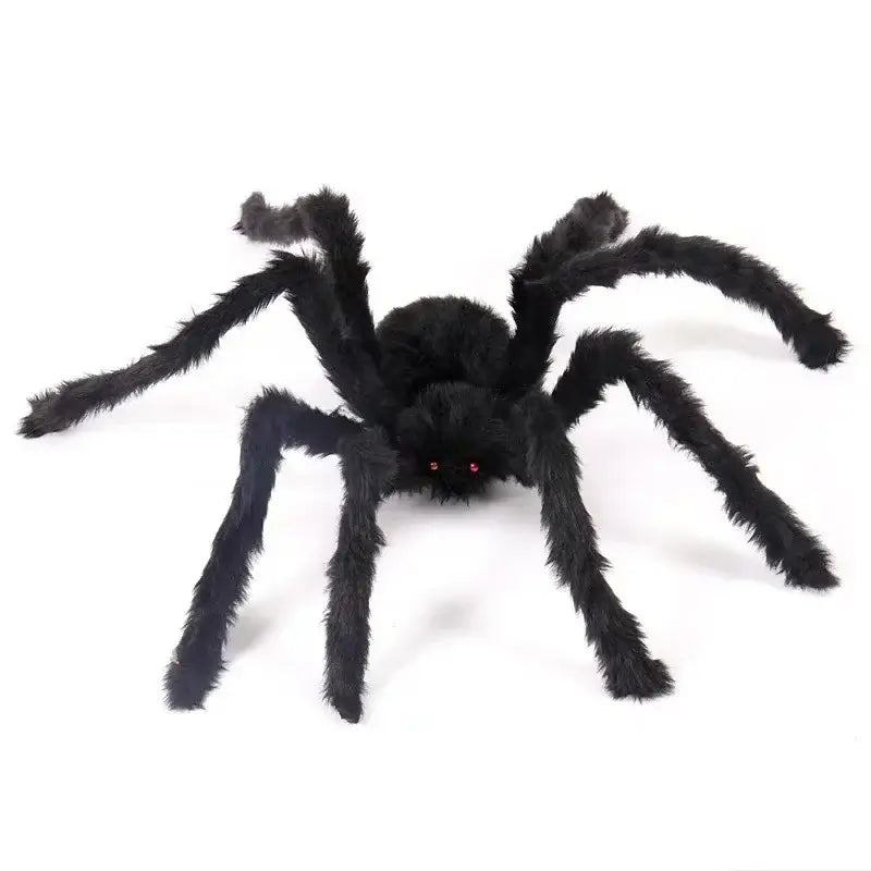 Black furry spider prop with red eyes, included with Halloween Ghost LED Light String for enhanced spooky decoration.