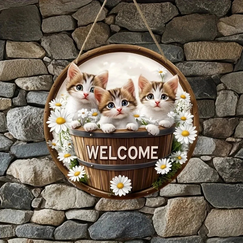 Wood Cat Hanging Decorations 2D Retro Circular