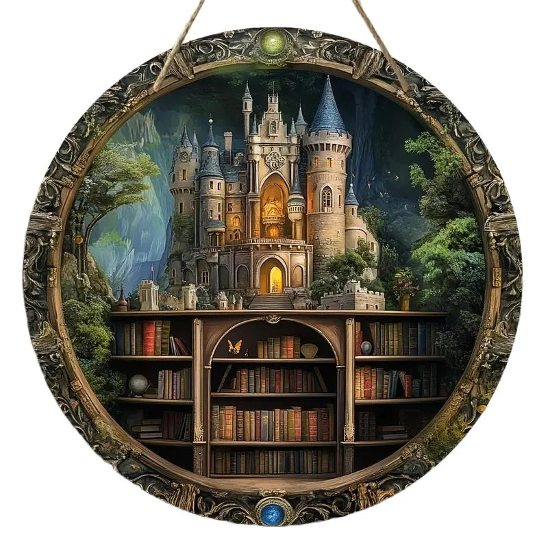 Christmas wooden welcome sign with enchanted castle and bookshelf design, set in a lush forest background for magical holiday decor.