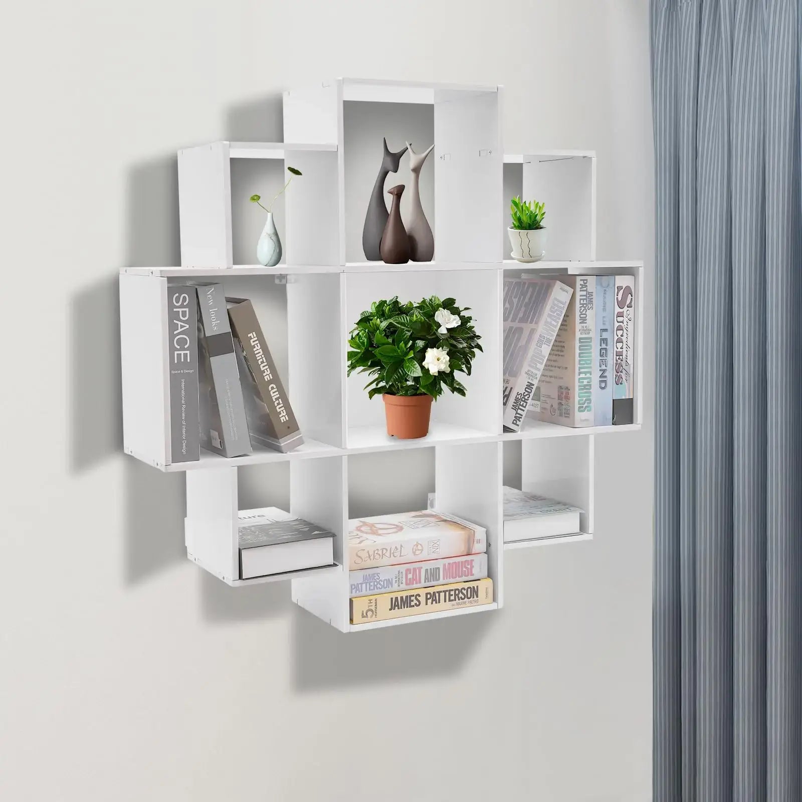 Wall Mounted Bookshelf - Modern 3-Tier Floating shelf styled with books, plants, and figurines, perfect for living room or bedroom decor.
