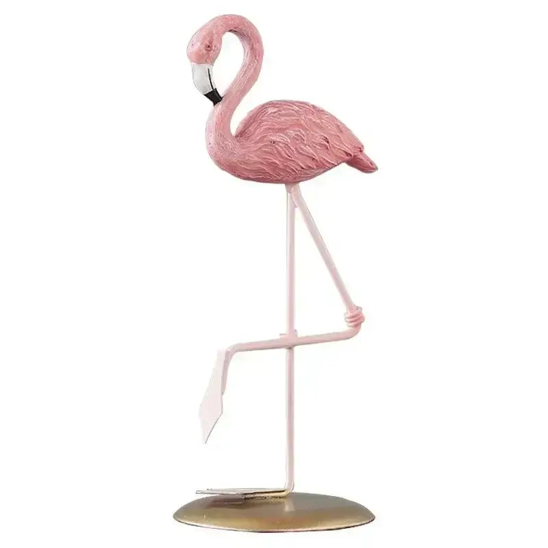 Single Creative Resin Flamingo Figurine in a one-legged pose with detailed pink feathers and gold base for decorative use.
