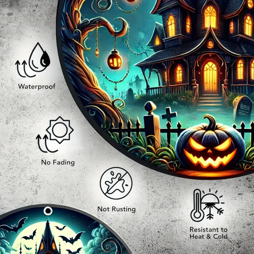 Halloween haunted house metal sign with icons showing waterproof, fade-resistant, rustproof, and temperature-resistant features for long-lasting decor.