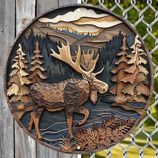 Moose Wall Art - Silhouette Metal Sign for Decor featuring a rustic moose scene in a forest with layered wood textures, ideal for outdoor walls.