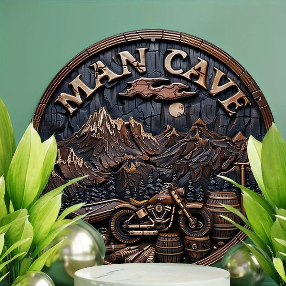Rustproof Vintage Metal Man Cave Sign displayed with plants, featuring mountain and motorcycle design for home or bar decoration.