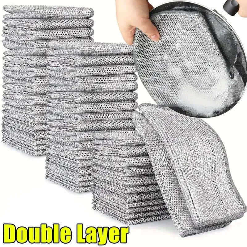 Bulk set of double-layer Magic Dishcloth Silver Wire cloths with hand cleaning pan, ideal for heavy-duty kitchen cleaning tasks.