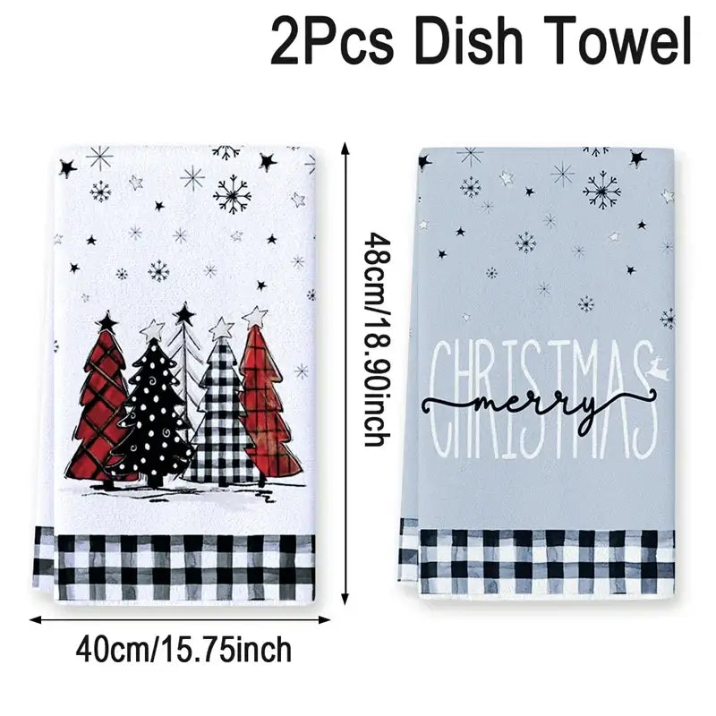 Christmas kitchen towels with tree and 'Merry' text in red and blue tones. Cotton towels with checkered trim for festive kitchens.