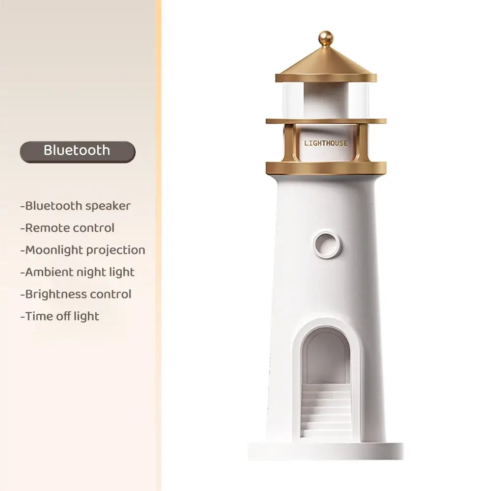 Bluetooth-enabled Lighthouse Ambient Light with speaker, remote control, moon projection, and dimmable brightness for smart home use.