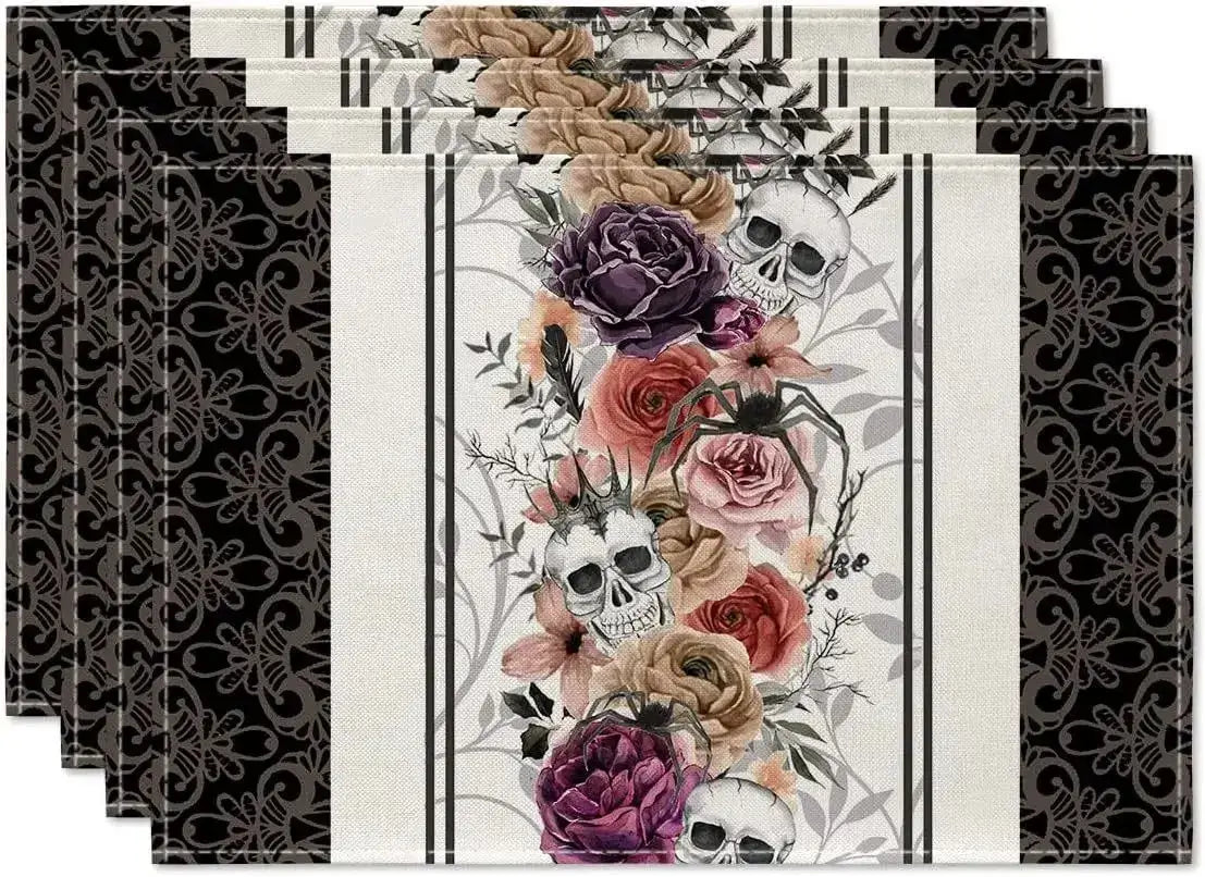 Halloween Table Placemats - Linen 4PCS with skulls and roses in gothic floral design. Elegant spooky table setting.