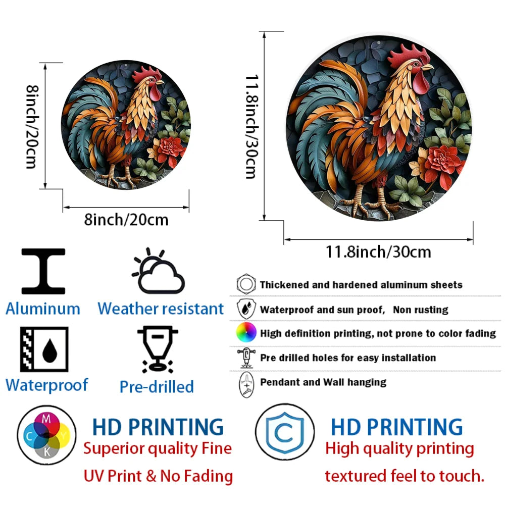 Round Aluminum Flat Sign, Vibrant Rooster Decoration