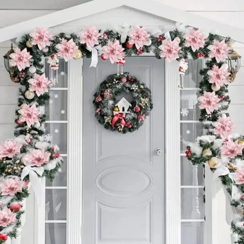 Glitter Pink Christmas Ornaments - 5/10Pcs Set used to decorate a front porch garland and wreath. Adds elegant sparkle to outdoor holiday decor.