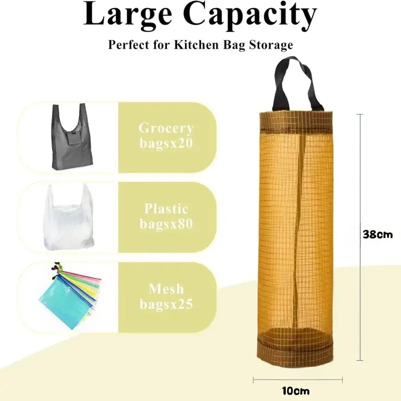 Large capacity kitchen plastic bag holder in yellow mesh holds up to 80 plastic bags. Measures 38cm tall and 10cm wide for space-saving storage.