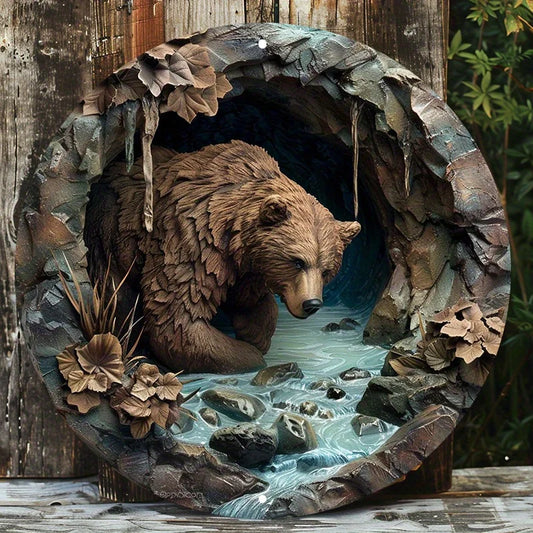 Brown Bear Cave Aluminum Sign features a lifelike bear in a rocky cave stream scene. Rustic decor for indoor or outdoor wall display.