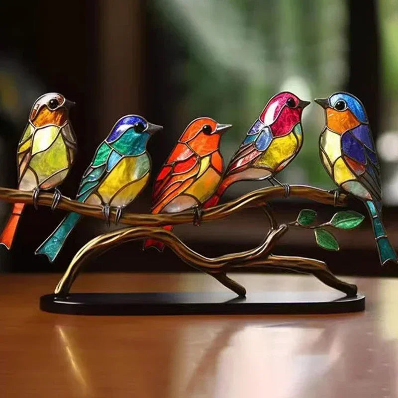 Multicolor Birds-Stained Acrylic Birds on Branch Desktop Ornaments Double Sided Multicolor -