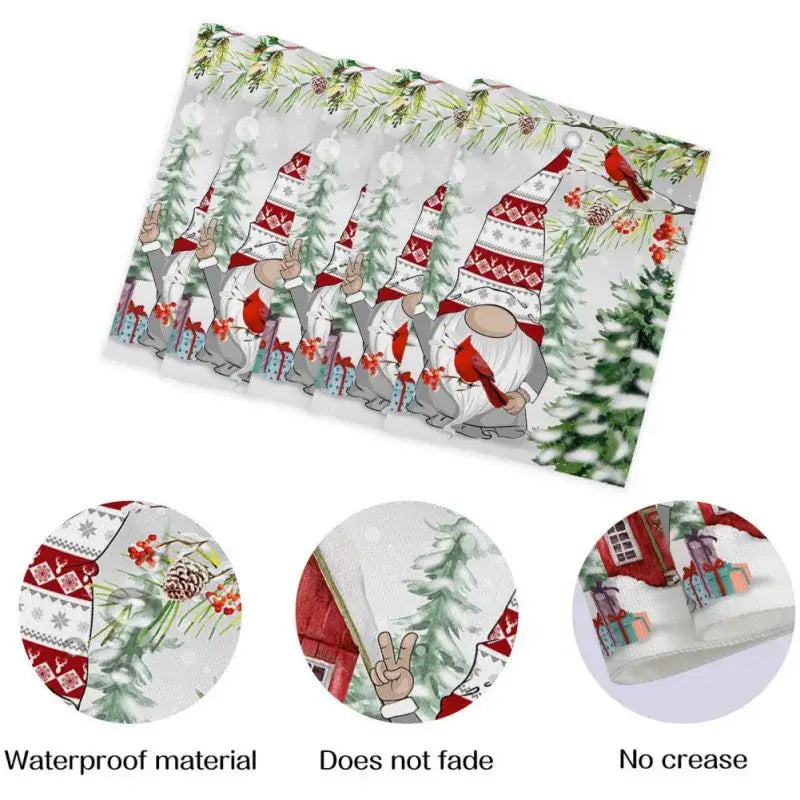 Set of 4 gnome-themed linen Christmas placemats with waterproof, fade-proof, and no-crease features. Ideal for holiday tables.