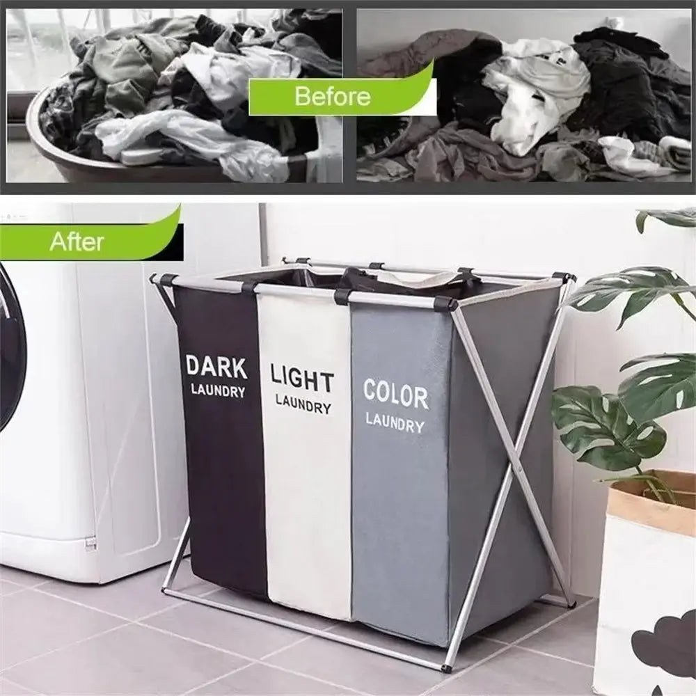 Before and after using the 3 Grids Laundry Basket - Foldable Organizer. Keeps laundry sorted and space tidy with dark, light, and color sections.