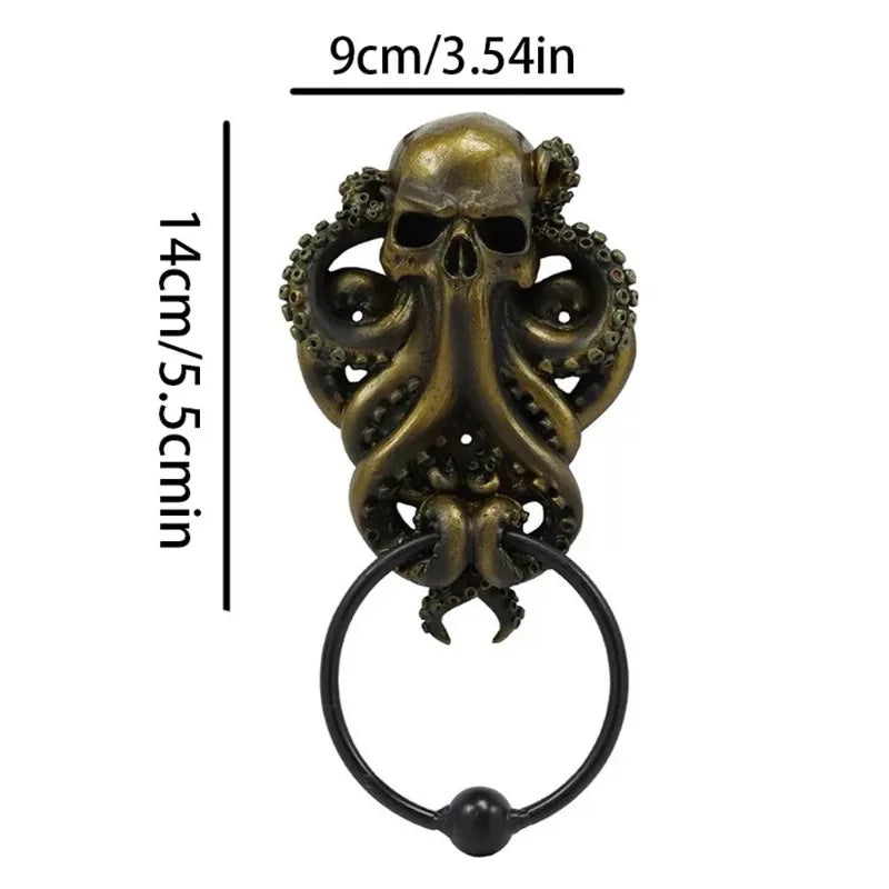 Octopus skull resin door knocker with dimensions 14cm x 9cm, featuring a bronze skull and tentacles with a black iron ring for gothic decor.