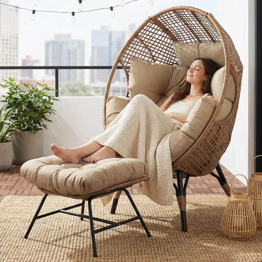 Egg Chair with Ottoman Indoor Outdoor, Cushioned Rattan Seat