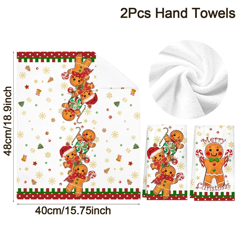 2pcs Christmas Kitchen Dishtowels featuring Santa and snowman designs with red plaid and festive text, ideal for holiday kitchen décor.