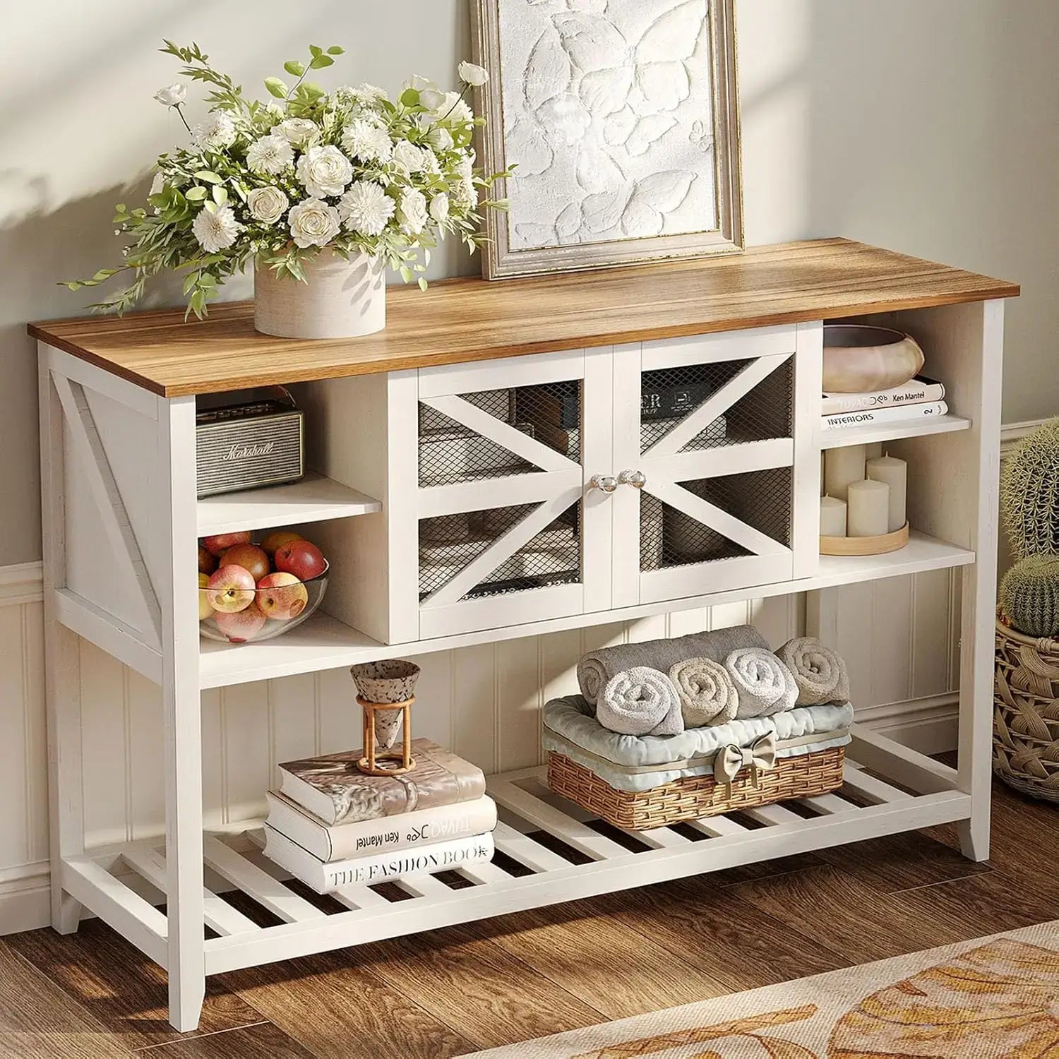 Entryway Table with 2 Screen Doors & 5 Open Storage Shelves