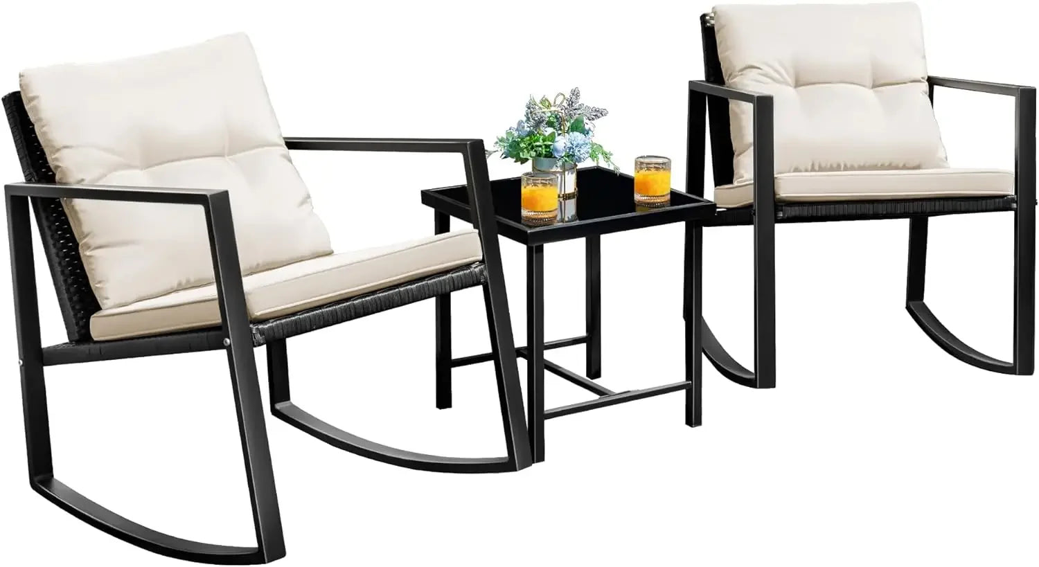 Patio Chairs 3 Piece Wicker Rocking Chair Outdoor Bistro Set -