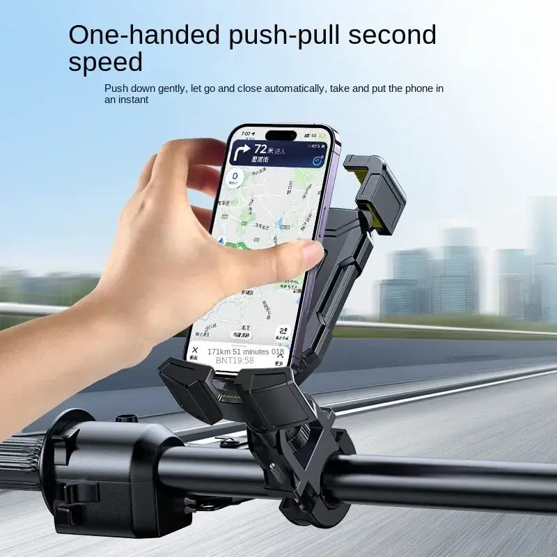 One-handed push-pull universal waterproof bicycle phone holder for quick smartphone access during rides, secure and easy to use.