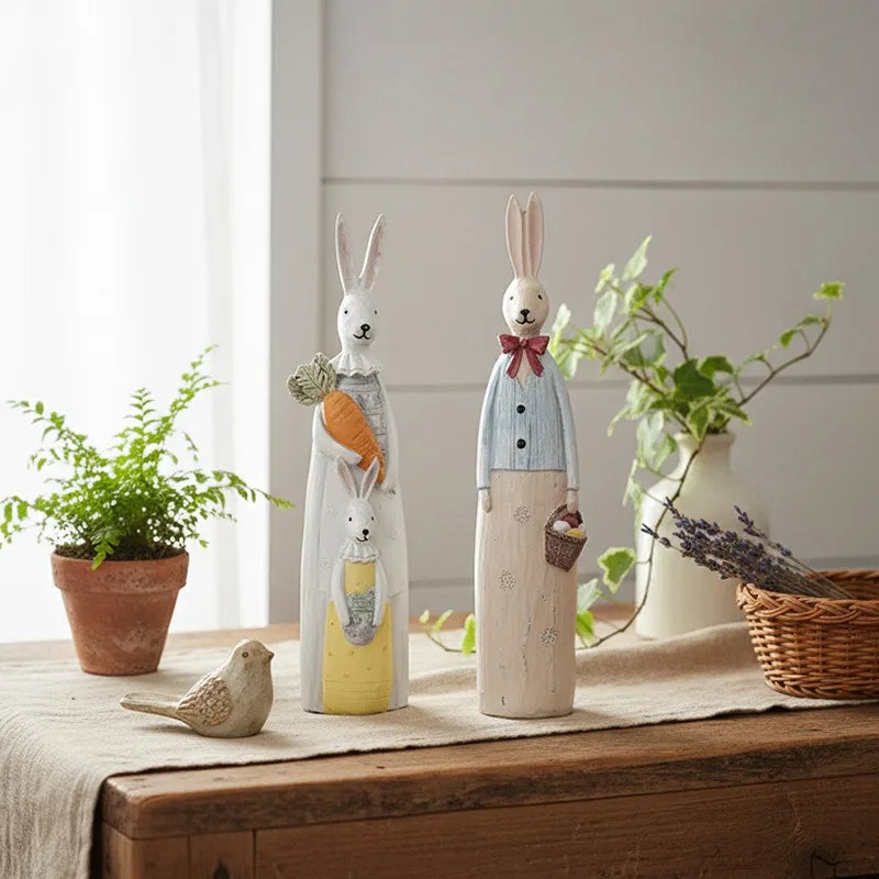 Wood Grain Resin Bunny Couple Statue - Handmade