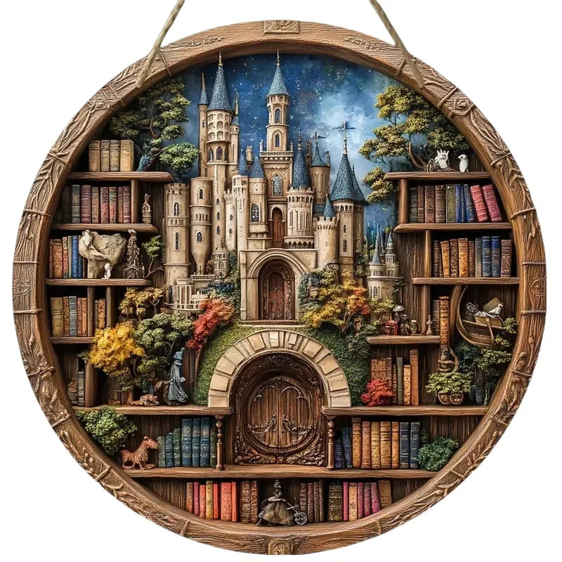 Whimsical castle bookshelf wooden sign with seasonal trees and books, perfect for Christmas wall decor in cozy interiors.