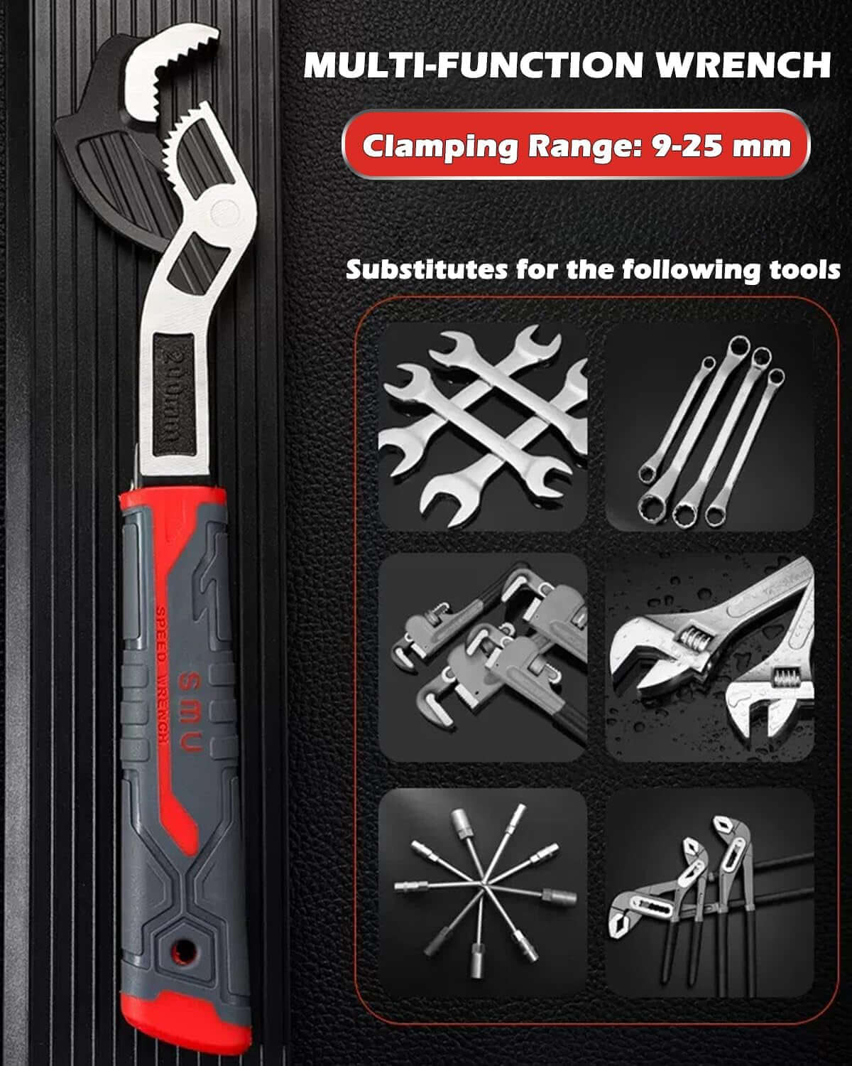 Adjustable Multi-Function Self-Locking Pipe Wrench Tool, Industrial Grade Heavy Duty Universal Soft Grip Plumbing Pipe Wrench, Self-Adjusting Spanner Quick Power Grip Pipe Wrench (8 Inches, 9-25 Mm)