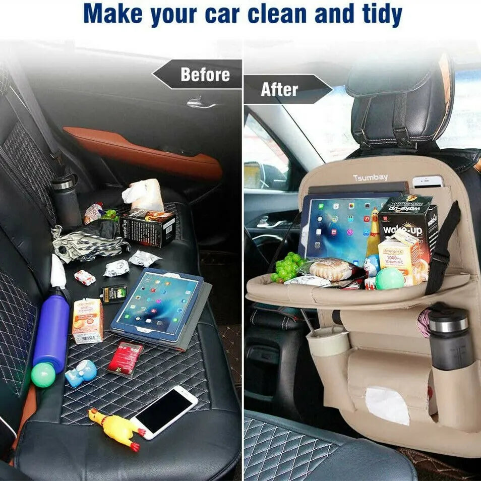 Car Seat Back Organizer with Foldable Table Tray 