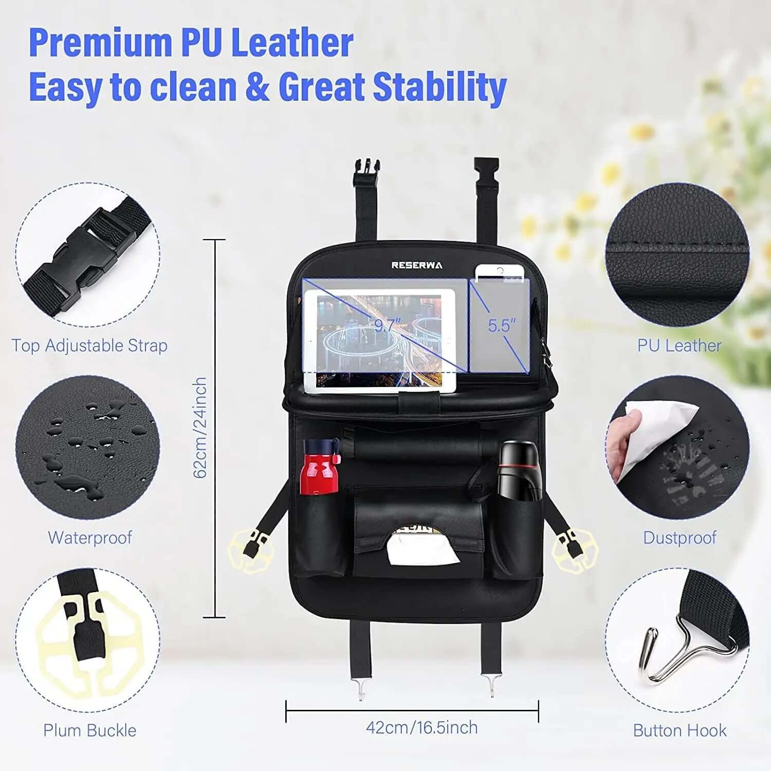 Car Seat Back Organizer with Foldable Table Tray 