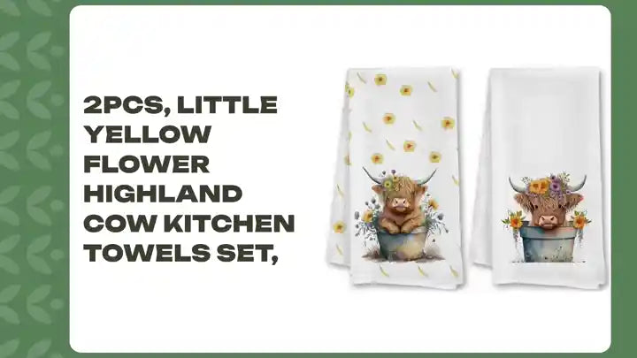 2Pcs, Little Yellow Flower Highland Cow Kitchen Towels Set, by@Outfy