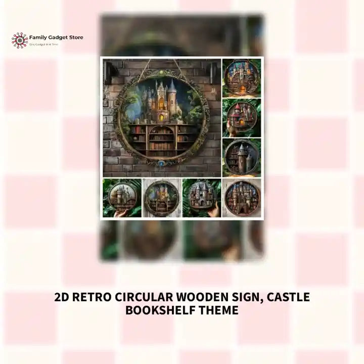 2D Retro Circular Wooden Sign, Castle Bookshelf Theme by@Outfy