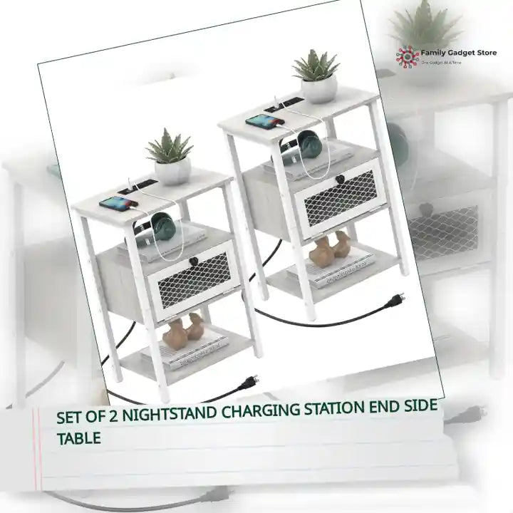 Set of 2 Nightstand Charging Station End Side Table by@Outfy