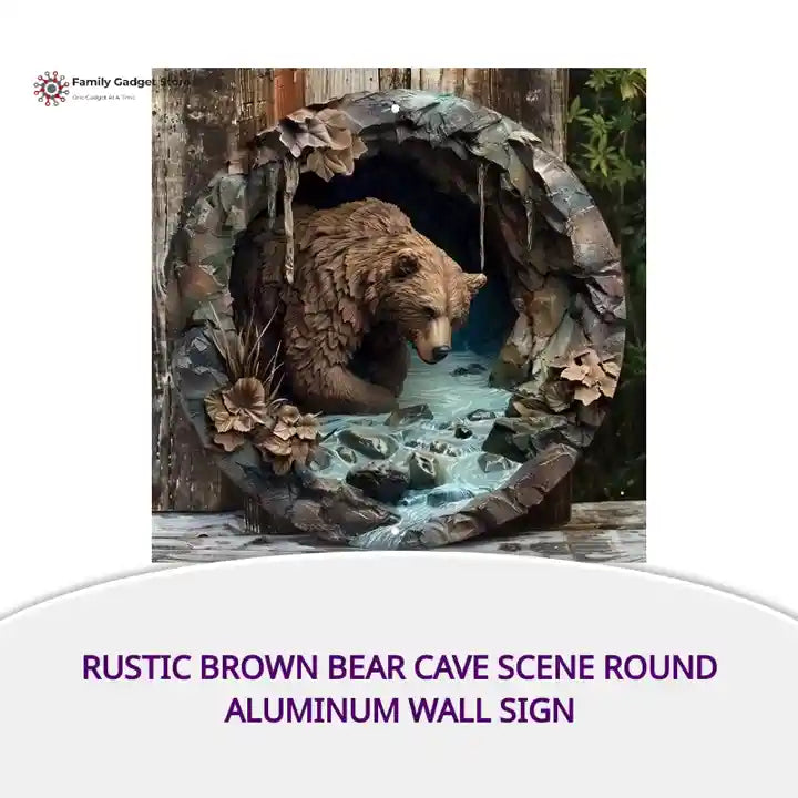 Rustic Brown Bear Cave Scene Round Aluminum Wall Sign by@Outfy
