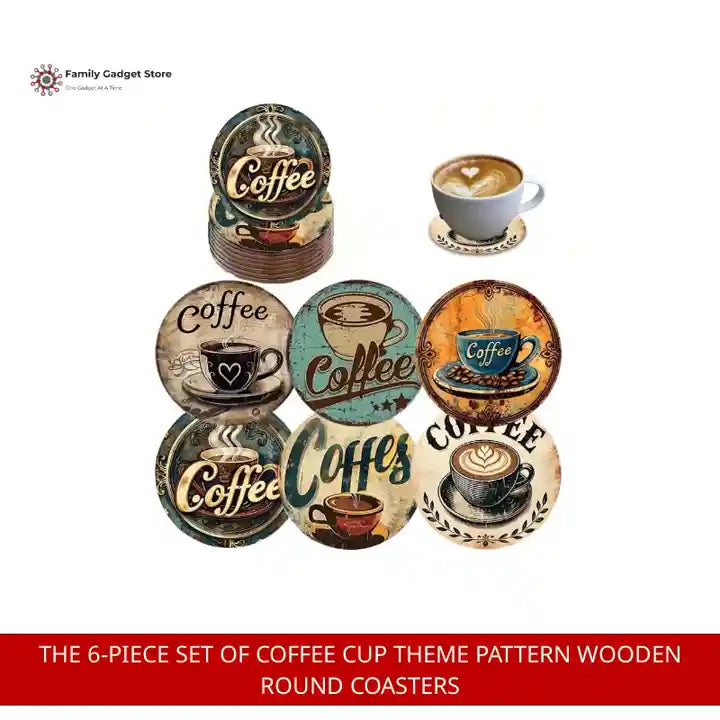 The 6-piece set of coffee cup theme pattern wooden round coasters by@Outfy