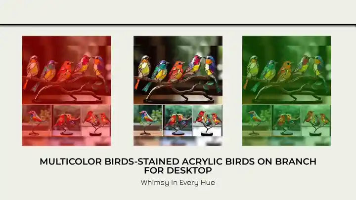 Multicolor Birds-Stained Acrylic Birds on Branch for desktop by@Outfy