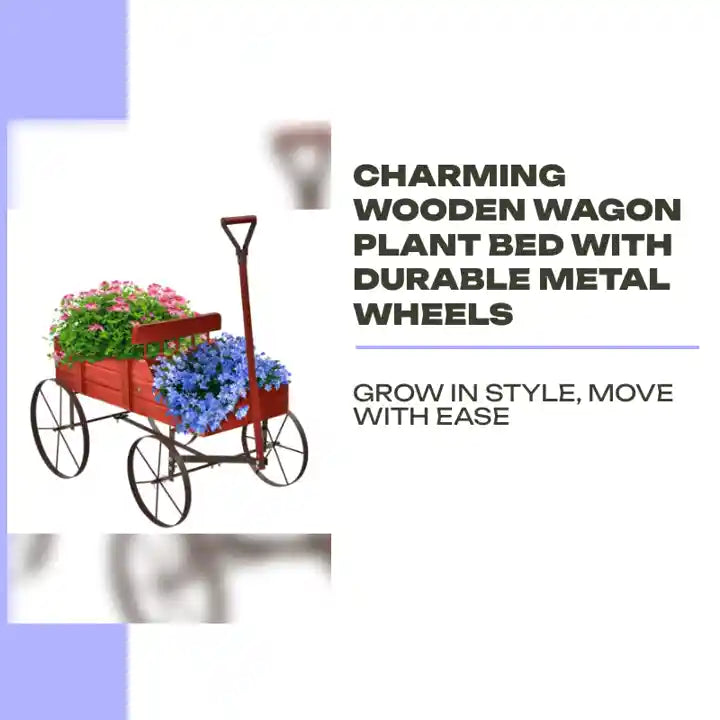 Charming Wooden Wagon Plant Bed with Durable Metal Wheels by@Outfy