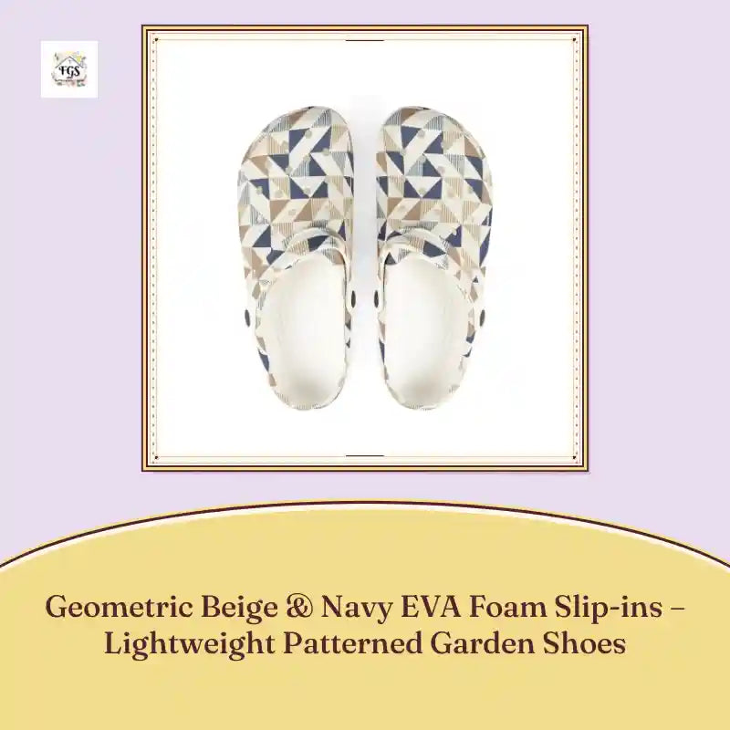 Geometric Beige &amp; Navy EVA Foam Slip-ins &ndash; Lightweight Patterned Garden Shoes by@Outfy