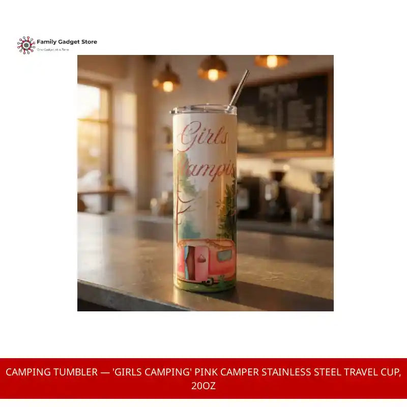 Camping Tumbler &mdash; 'Girls Camping' Pink Camper Stainless Steel Travel Cup, 20oz by@Outfy