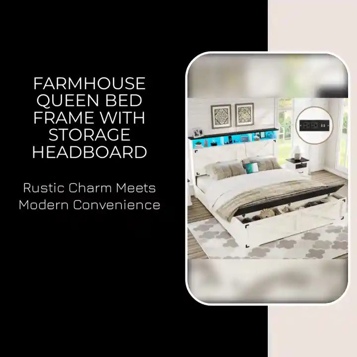 Farmhouse Queen Bed Frame with Storage Headboard by@Outfy