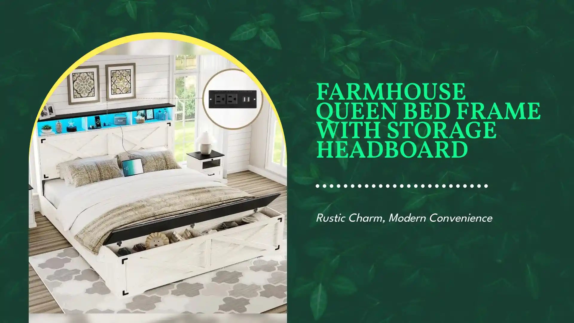 Farmhouse Queen Bed Frame with Storage Headboard by@Outfy